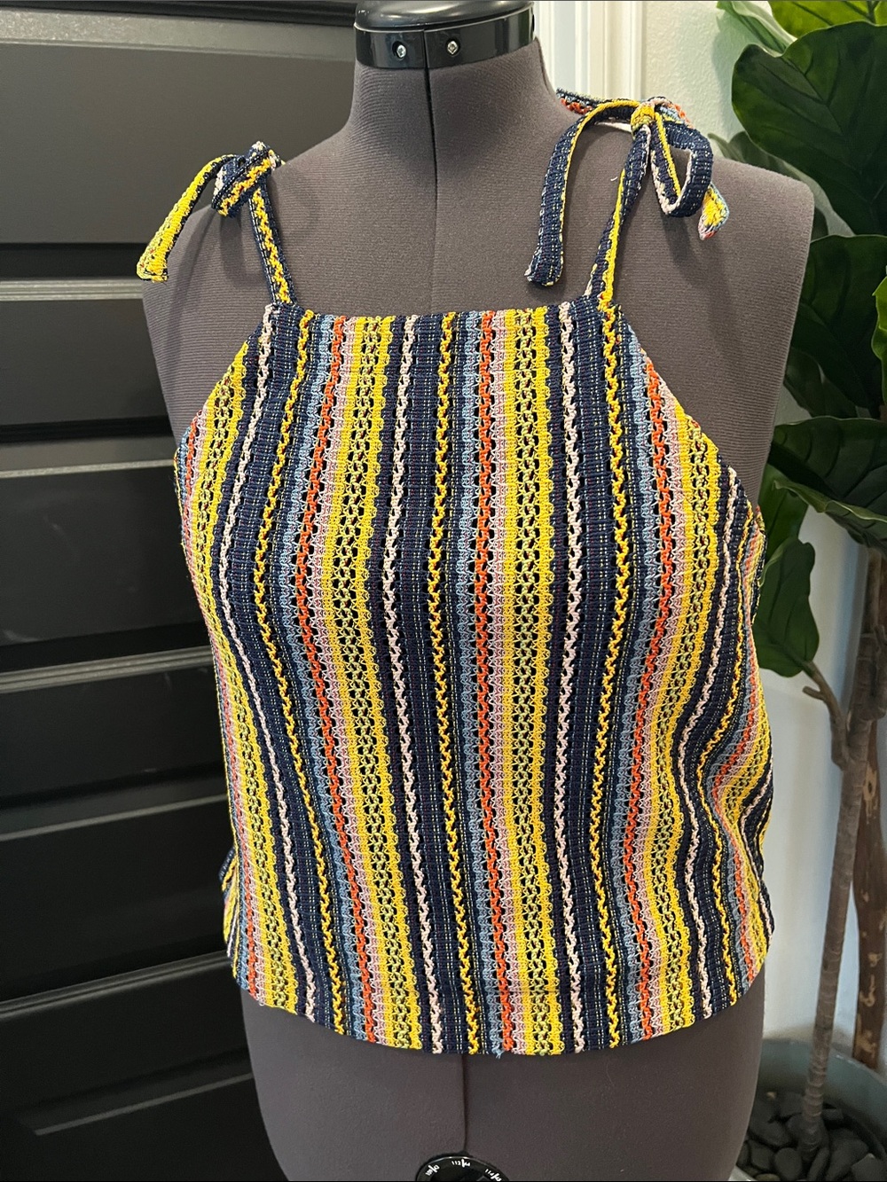 Madewell Texture and ThreadStriped Knit Tie-Shoulder Tank Top in Yellow and Navy